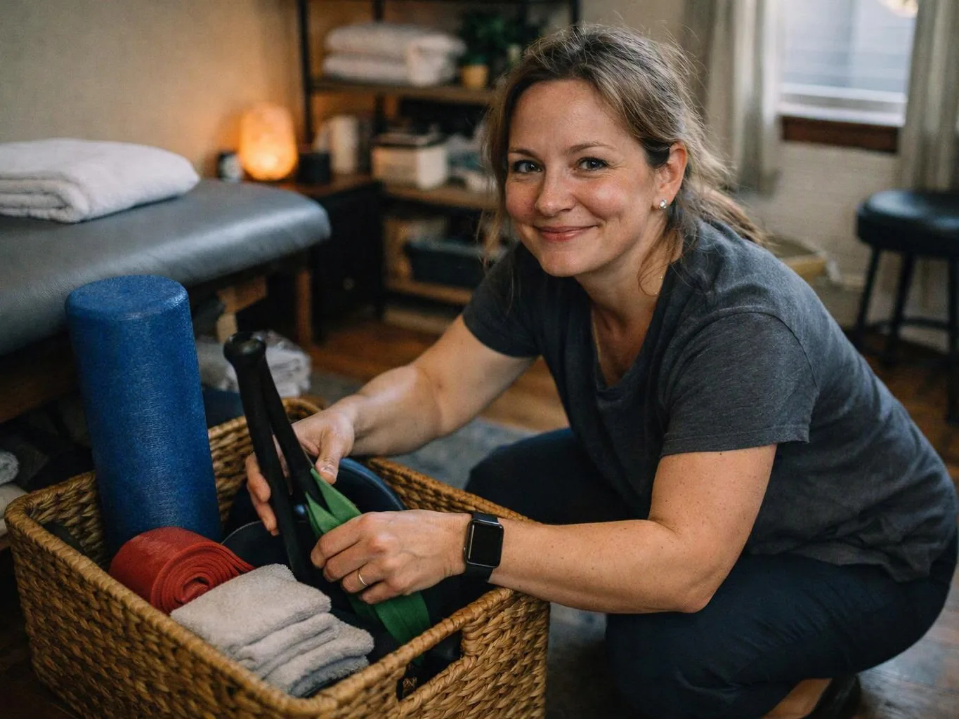 A smiling woman kneels beside a woven basket of yoga props in a cozy room