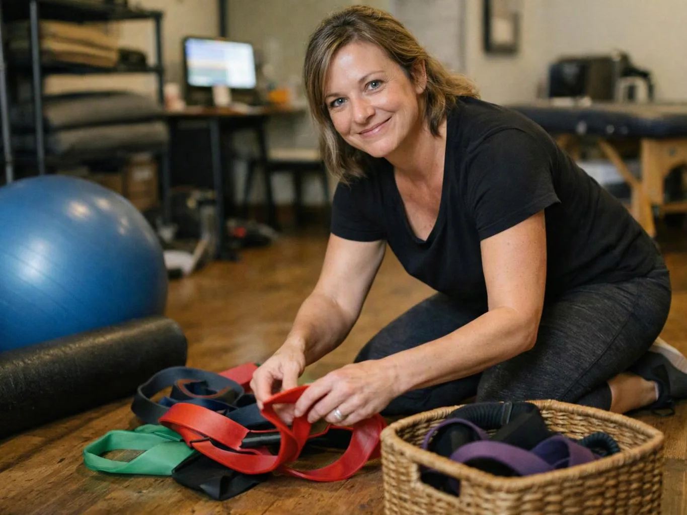 A smiling woman kneels on a wooden floor, sorting colorful exercise bands beside a basket and a blue stability ball