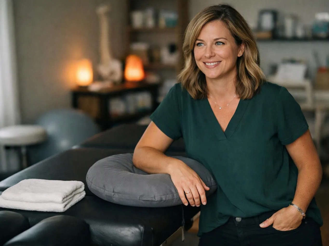 A smiling woman leans on a massage table beside folded towels in a softly lit room