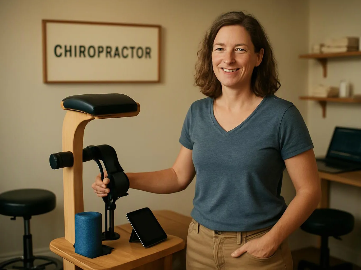 A smiling woman stands beside a chiropractic table and equipment in a quiet exam room