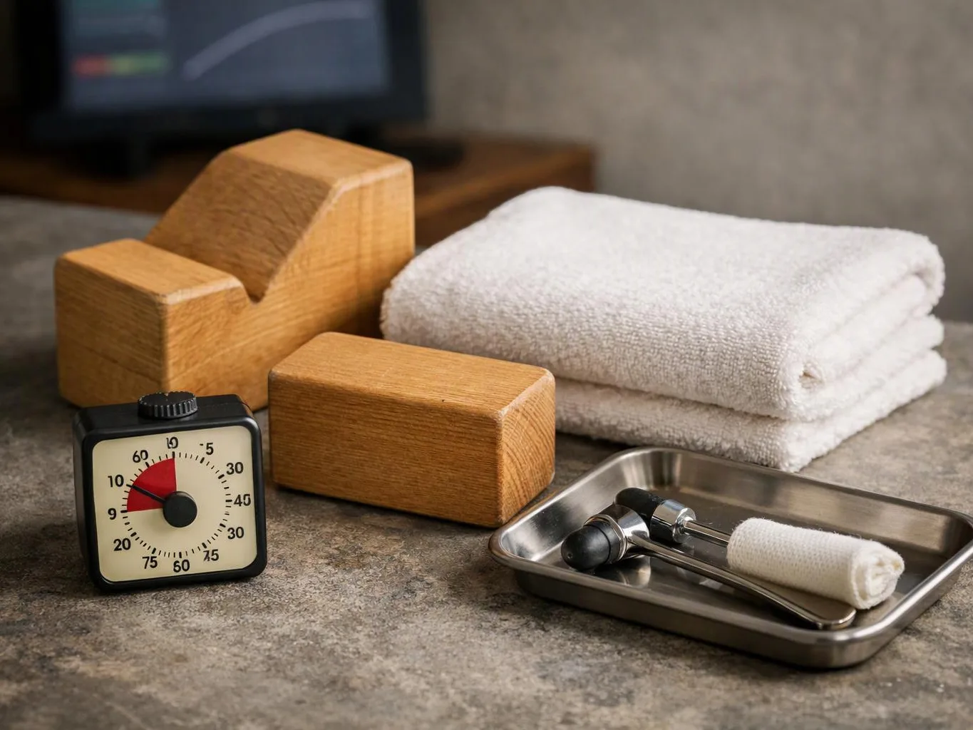A spa setup shows folded white towels, wooden massage blocks, a timer, and metal massage tools on a stone surface