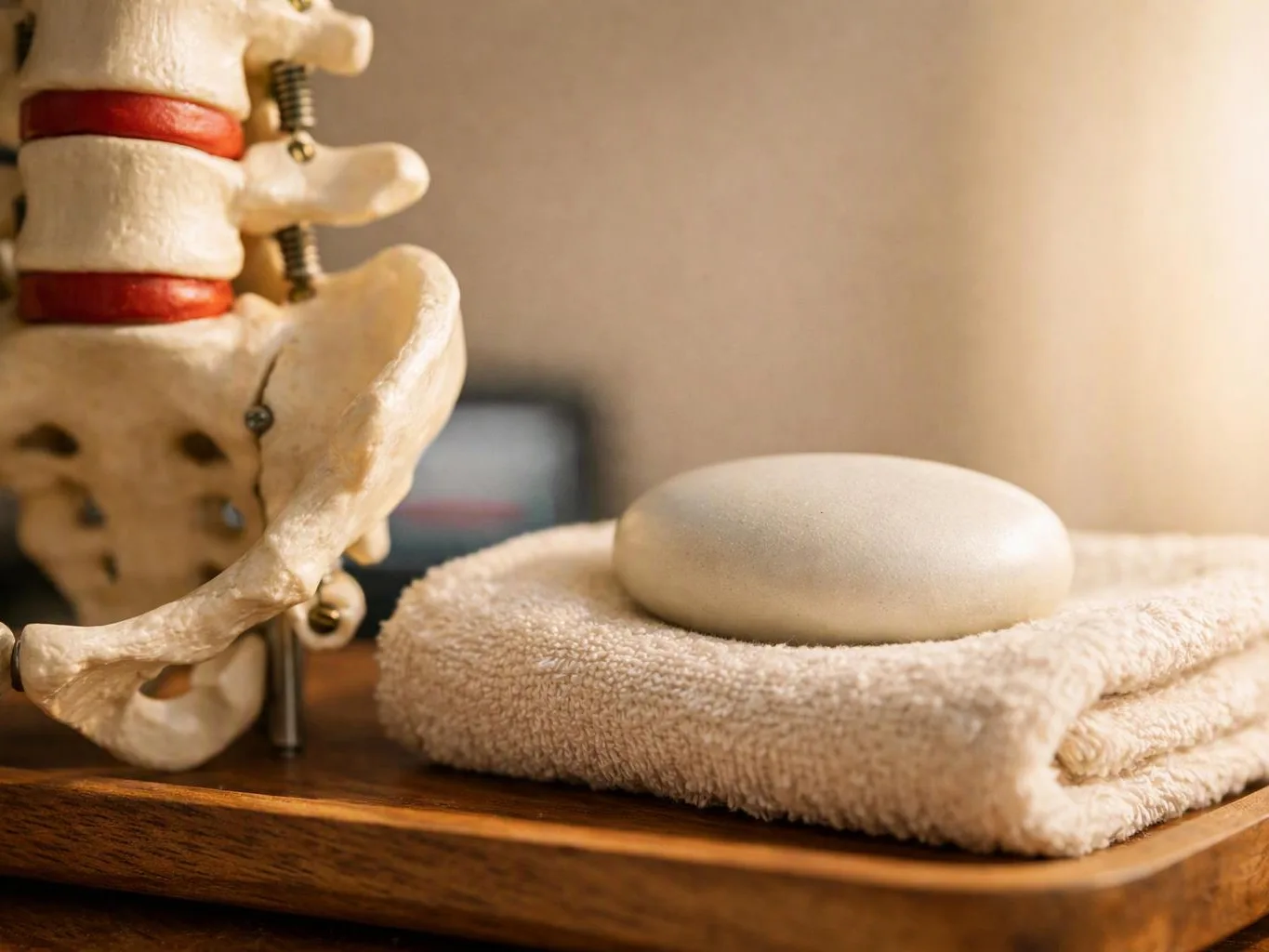 A spine model sits beside a smooth stone on a folded towel atop a wooden tray