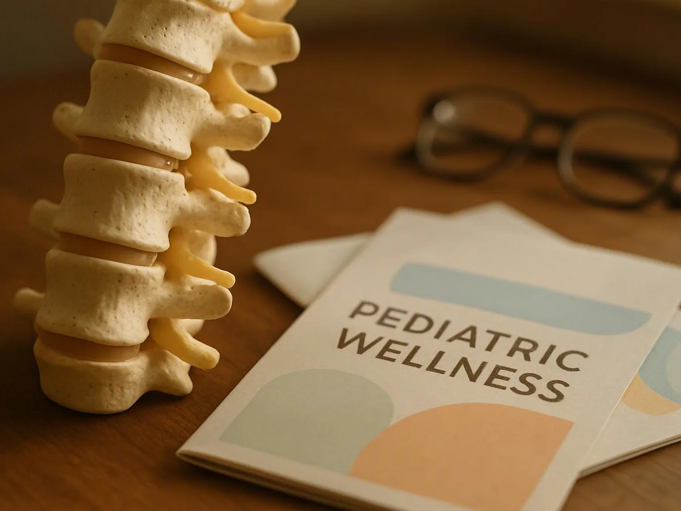 A spine model stands beside a brochure reading pediatric wellness on a wooden table