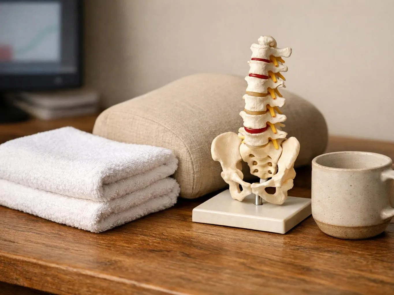 A spine model stands beside folded towels, a cushion, and a mug on a wooden table