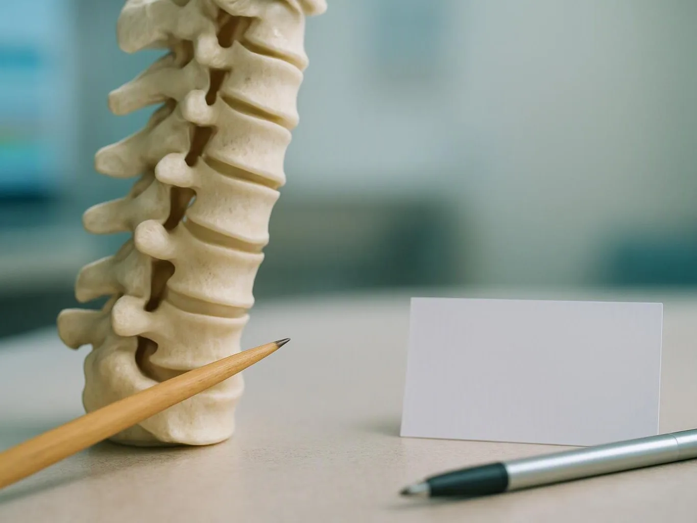 A spine model stands beside a pencil, a blank card, and a pen on a desk