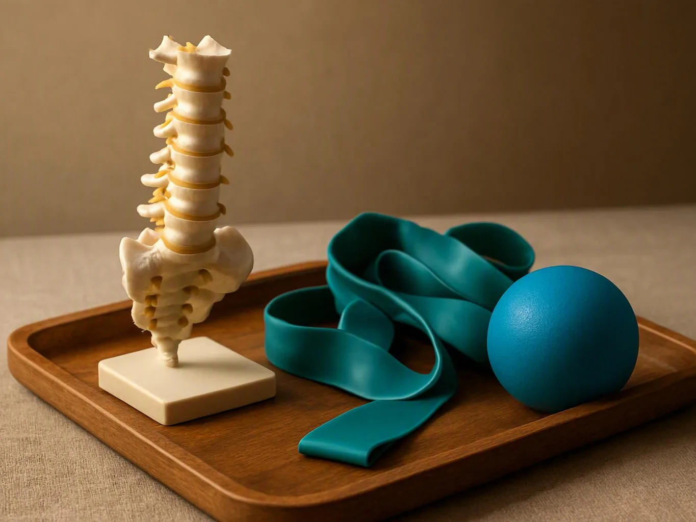 A spine model stands beside teal resistance bands and a blue exercise ball on a wooden tray