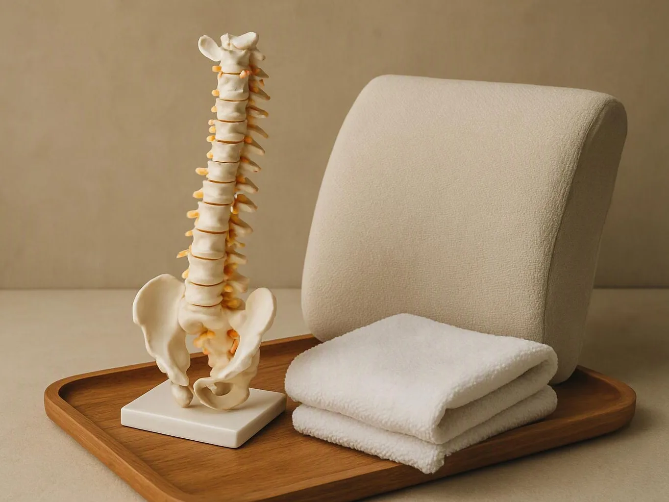 A spine model stands on a wooden tray beside a beige cushion and folded white towels