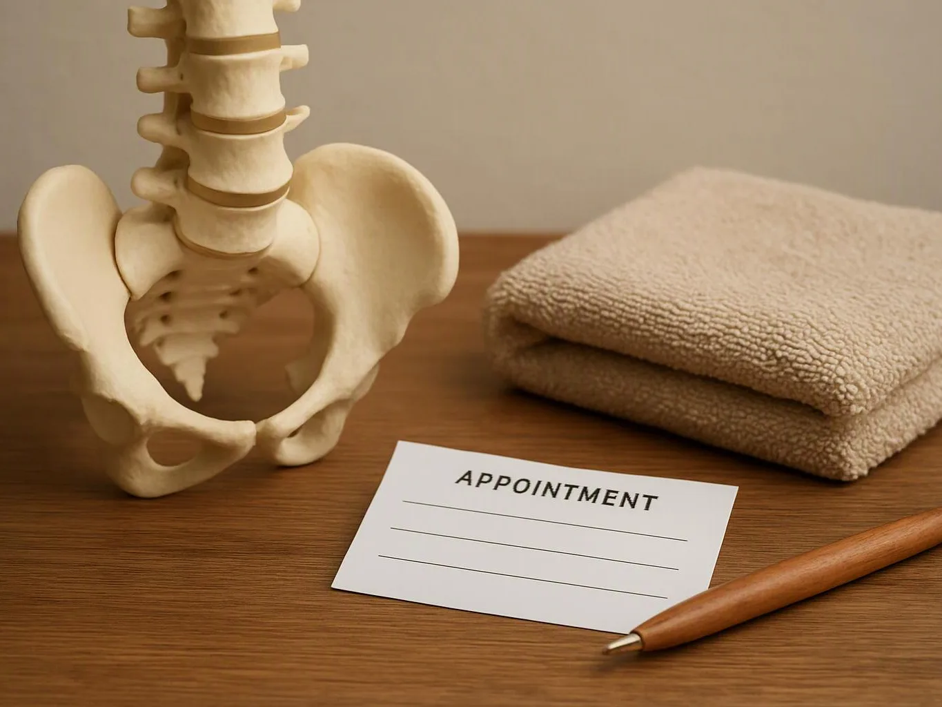 A spine and pelvis model sits beside folded towels, a pen, and an appointment card on a wooden table