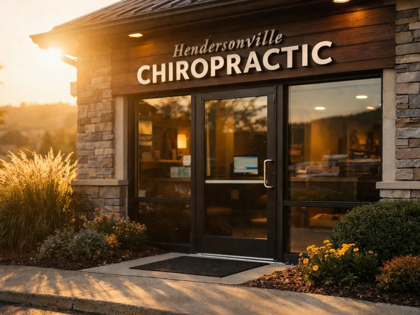 Sunlit storefront entrance with glass doors, stone siding, and a large “CHIROPRATIC” sign above the door