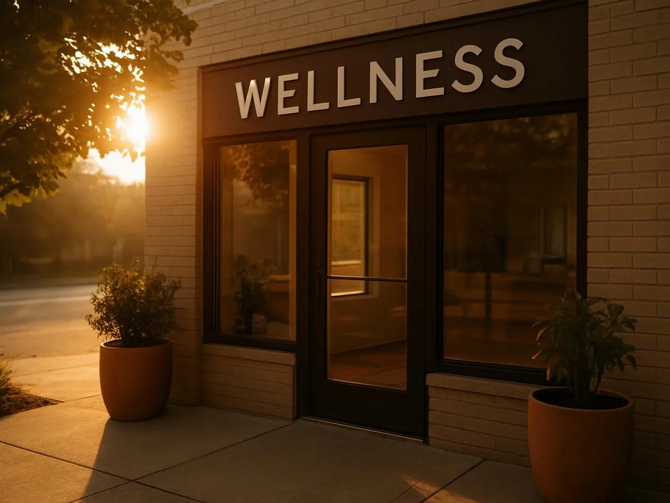 Sunlit storefront with a glass door, potted plants, and a large “WELLNESS” sign above the entrance
