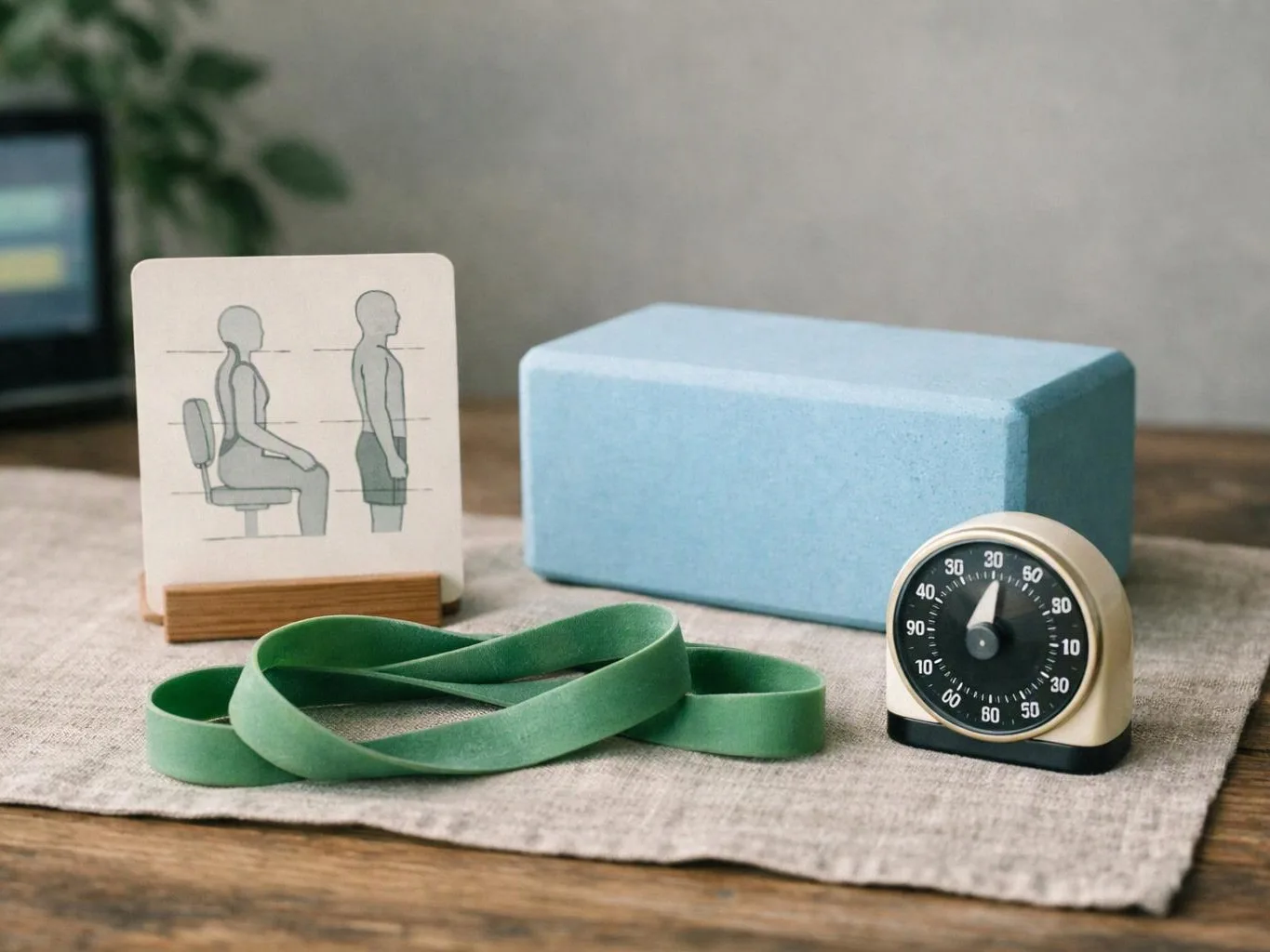 A tabletop setup shows exercise bands, a back posture card, a blue foam block, and a small dial timer