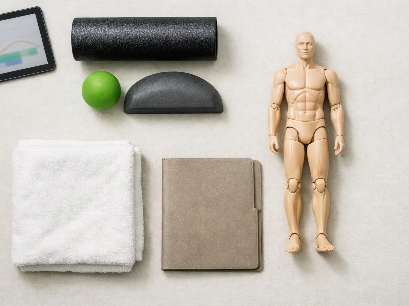A tan action figure lies beside a green ball, black foam pieces, folded white towels, and a beige notebook on a light surface