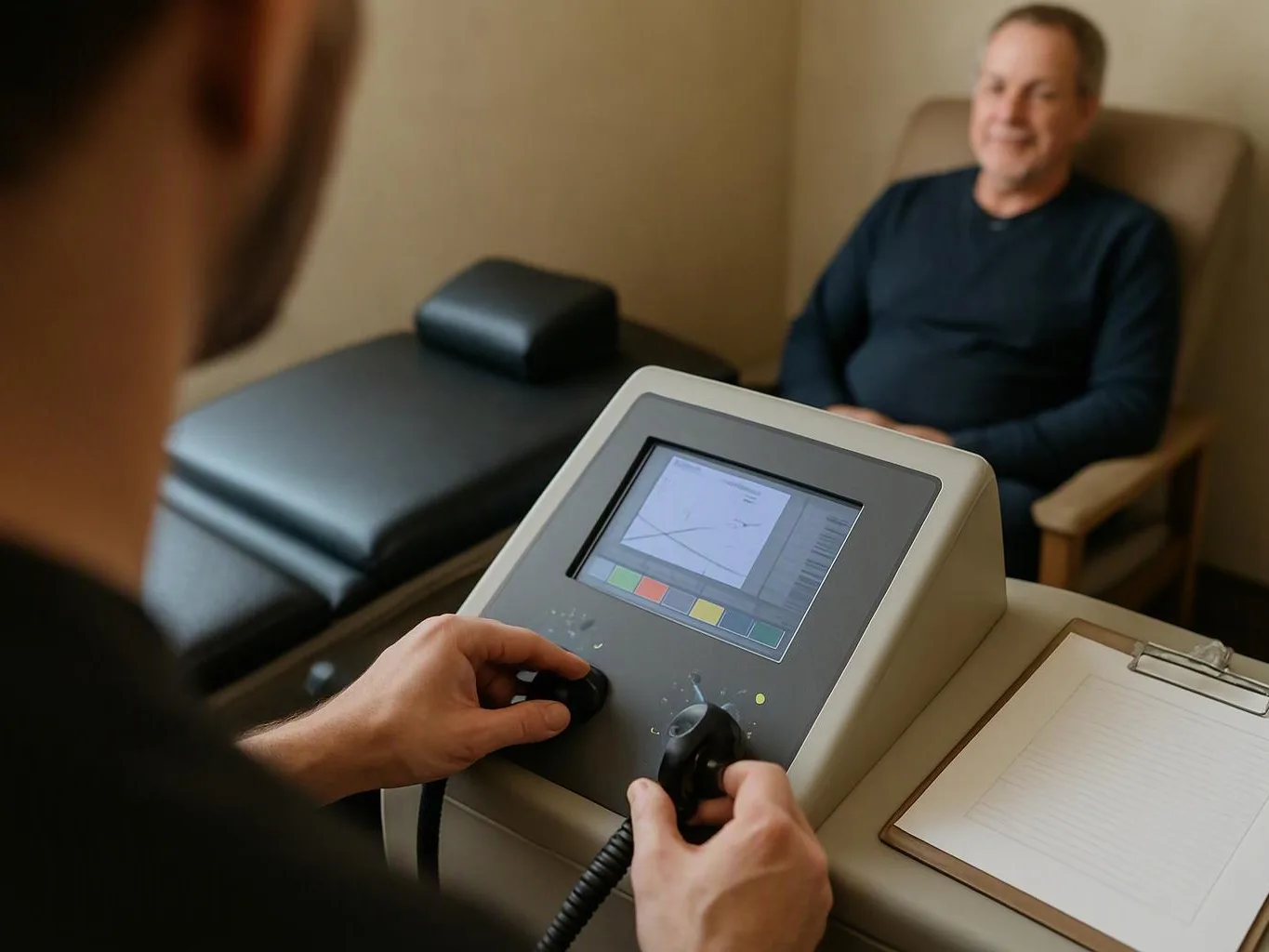 A therapist adjusts a treatment machine while a smiling man sits in a chair nearby