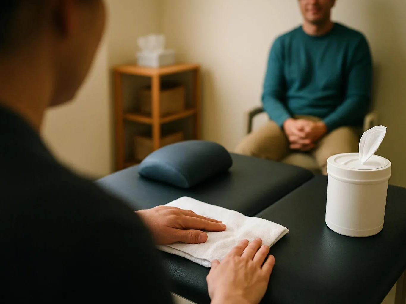 A therapist folds a white towel on a massage table while a seated man waits in a small treatment room