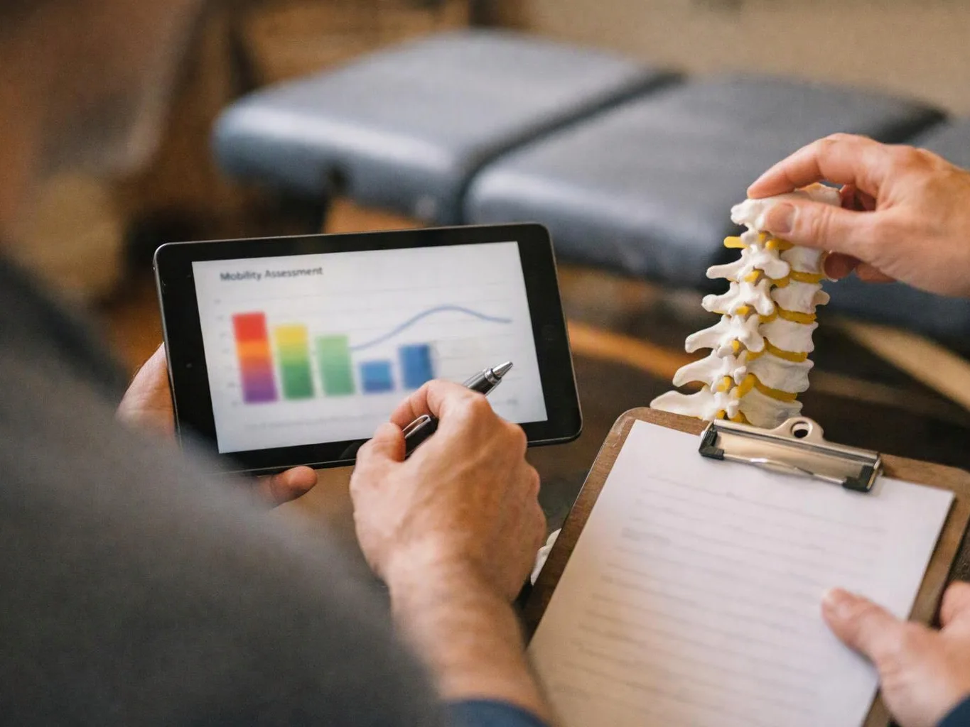A therapist shows a spine model while writing on a clipboard and viewing a mobility chart on a tablet