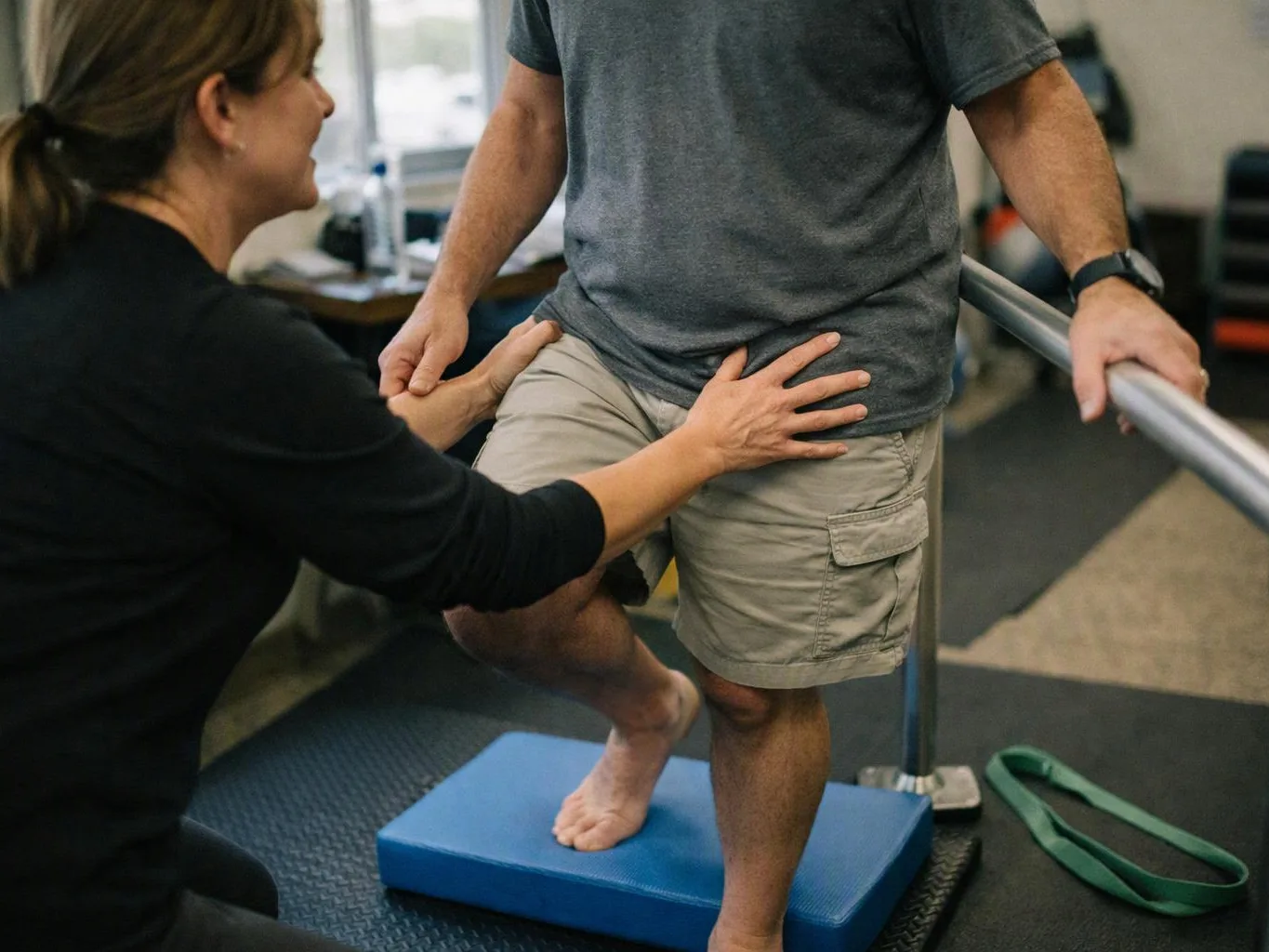 A therapist steadies a man balancing on a blue foam block beside a metal handrail