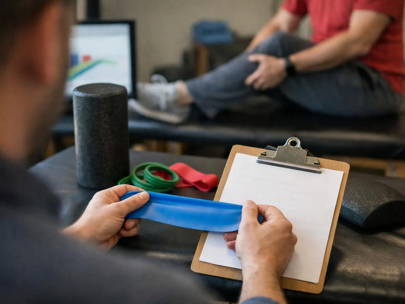 A therapist stretches a blue resistance band while a person sits on a treatment table in a clinic room