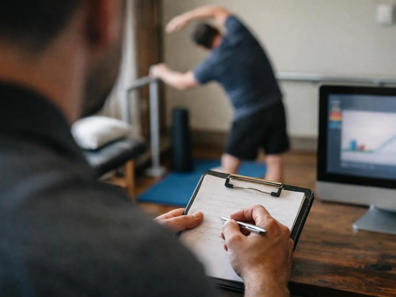A therapist writes on a clipboard while a man stretches in a room with a computer monitor