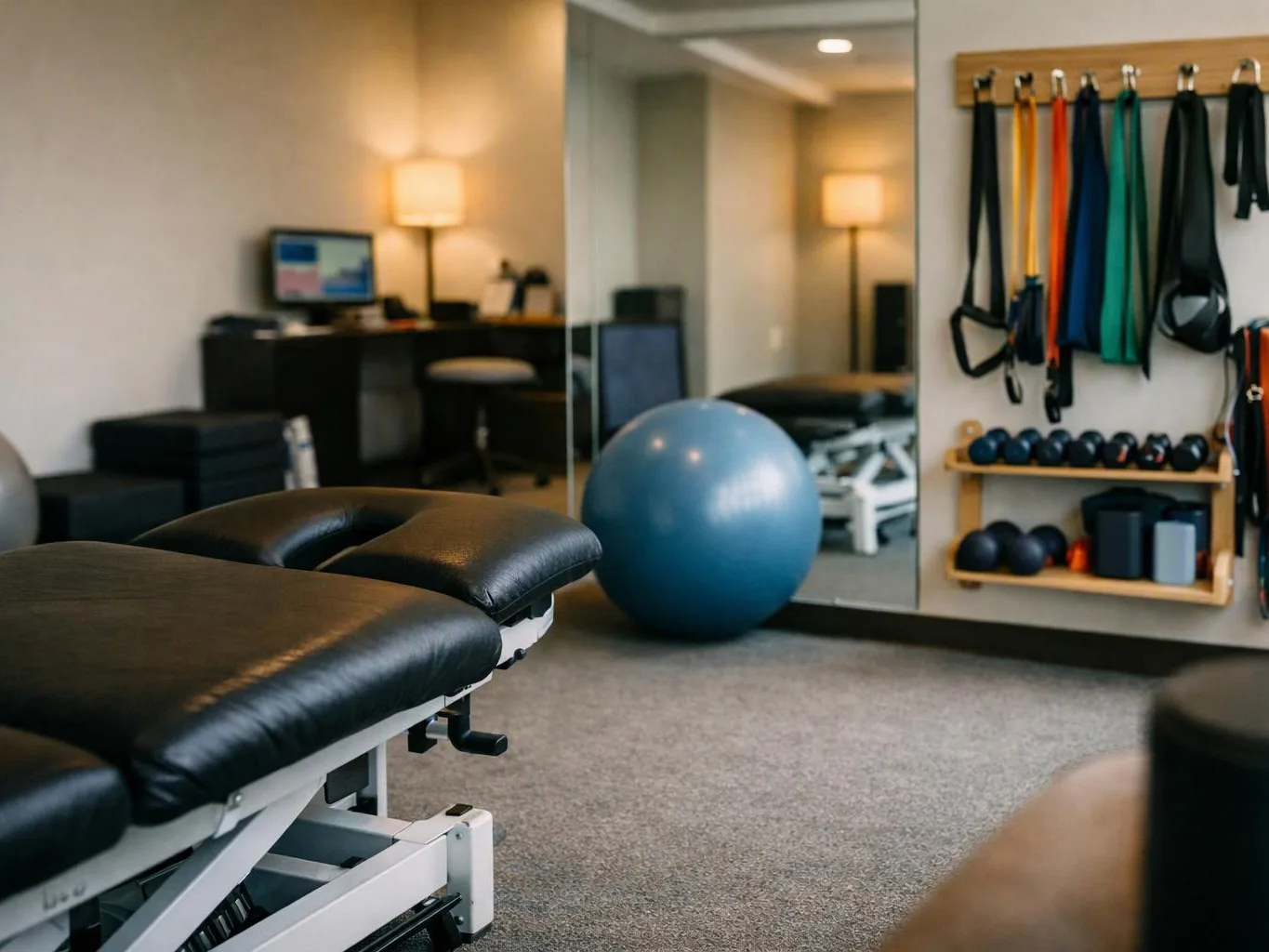 A therapy room shows black treatment tables, a blue exercise ball, mirrors, and workout bands on wall hooks