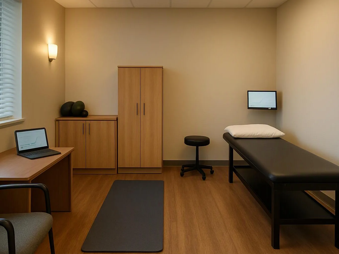 A tidy examination room has a treatment table, desk, cabinets, stool, laptop, and exercise mat