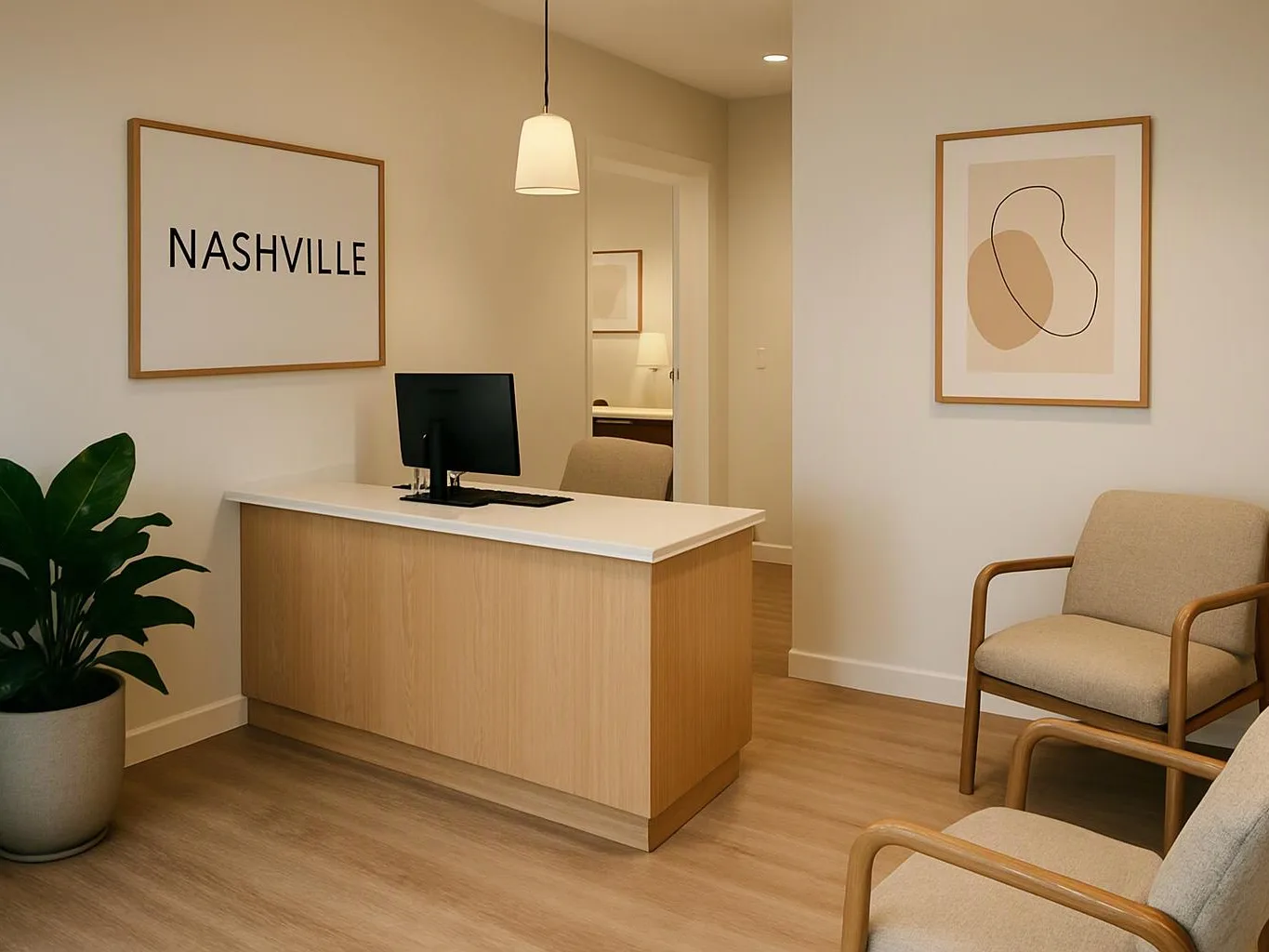 A tidy reception area shows a wooden desk, chairs, a potted plant, and framed wall art in warm light