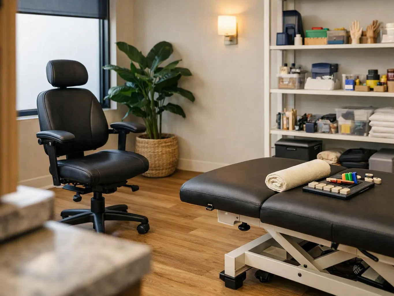 A tidy treatment room shows a black chair, massage table, towel, shelves, and a potted plant