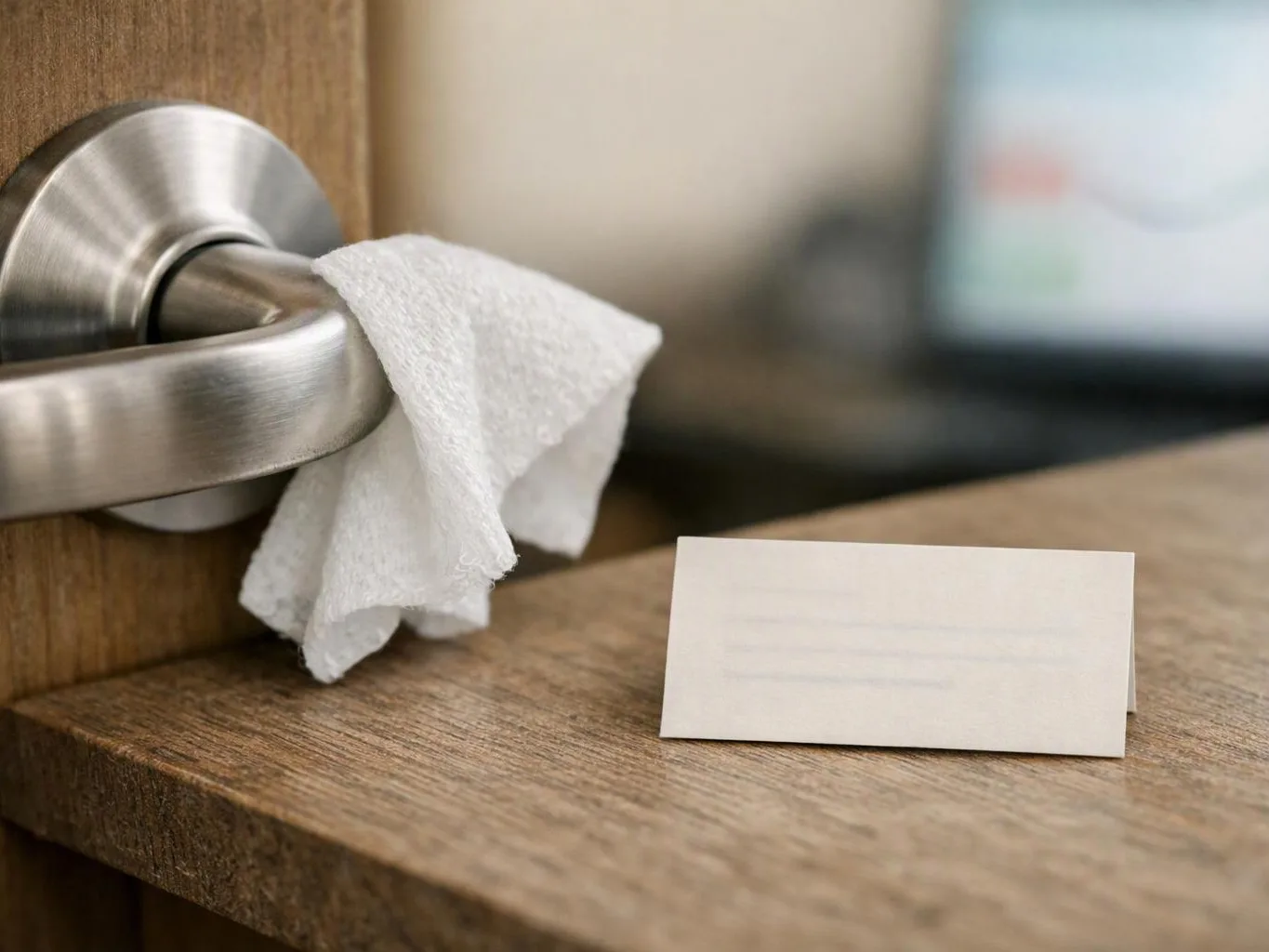 A tissue hangs from a brushed metal door handle, with a blank card on a wooden surface beside it