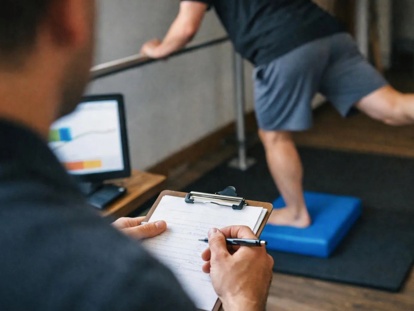 A trainer takes notes while watching a man balance on a blue foam pad in a gym