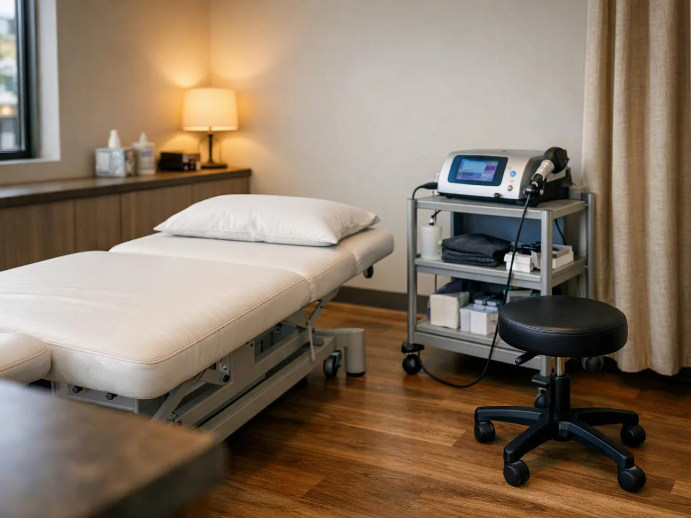 A treatment room shows a padded exam bed, a wheeled machine cart, and a black rolling stool on wood flooring