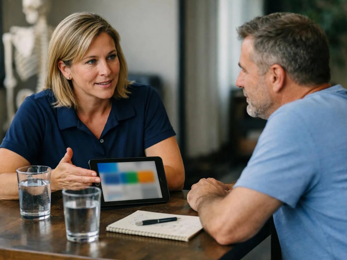 Two adults talk at a table, while a woman shows a tablet beside glasses and a notebook