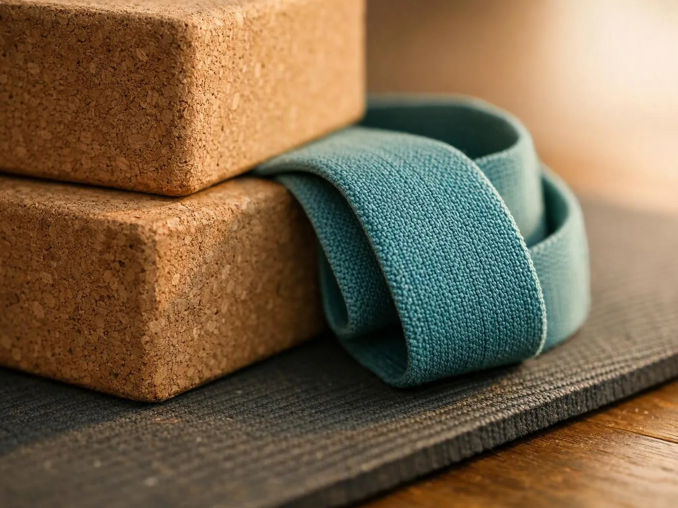 Two cork yoga blocks sit on a mat with a teal strap draped over them