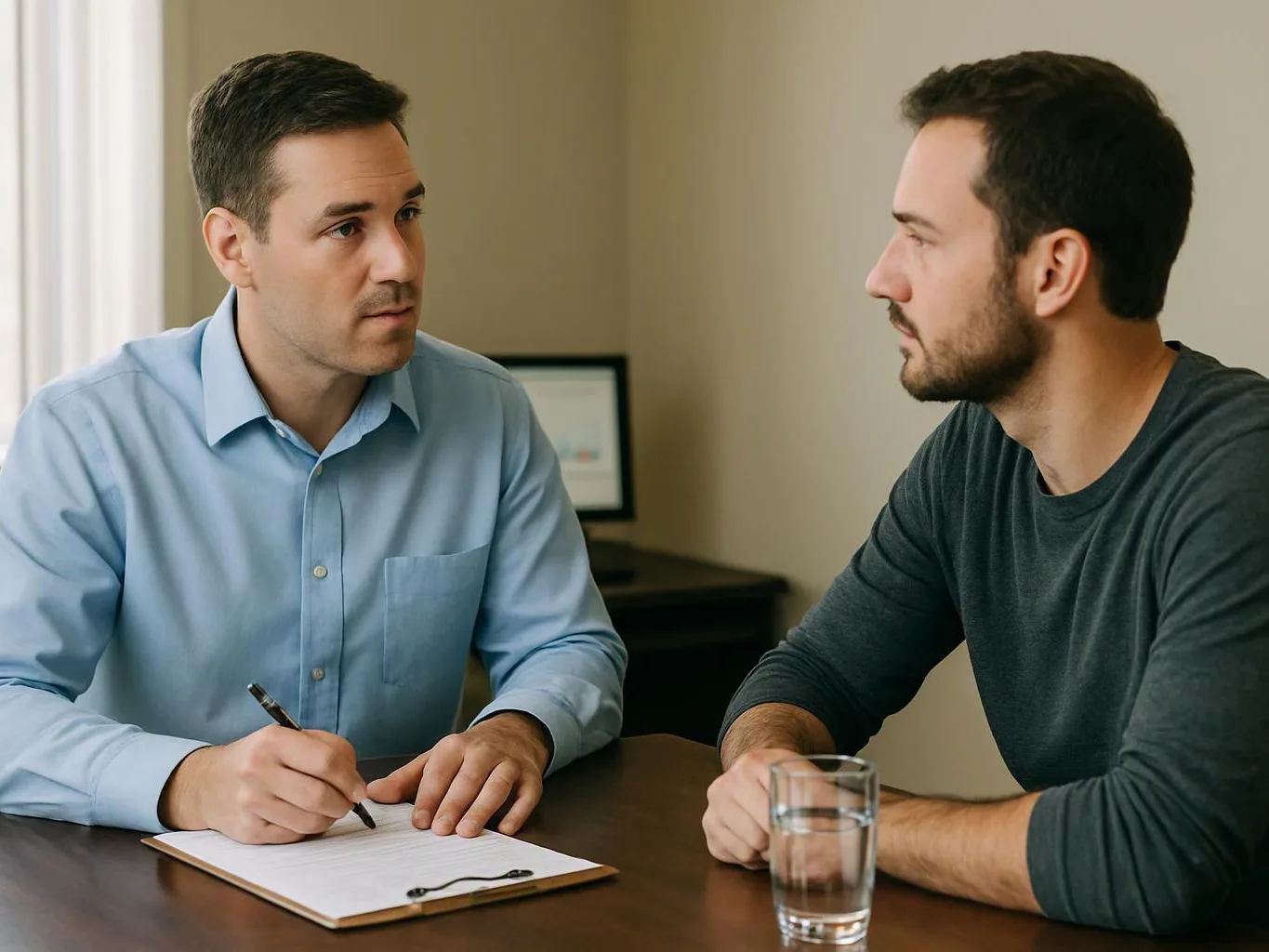 Two men sit across a table, one writing on a clipboard while the other listens in a small office