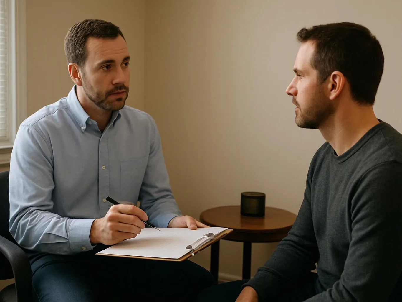 Two men sit facing each other in a small room, one taking notes on a clipboard while they talk