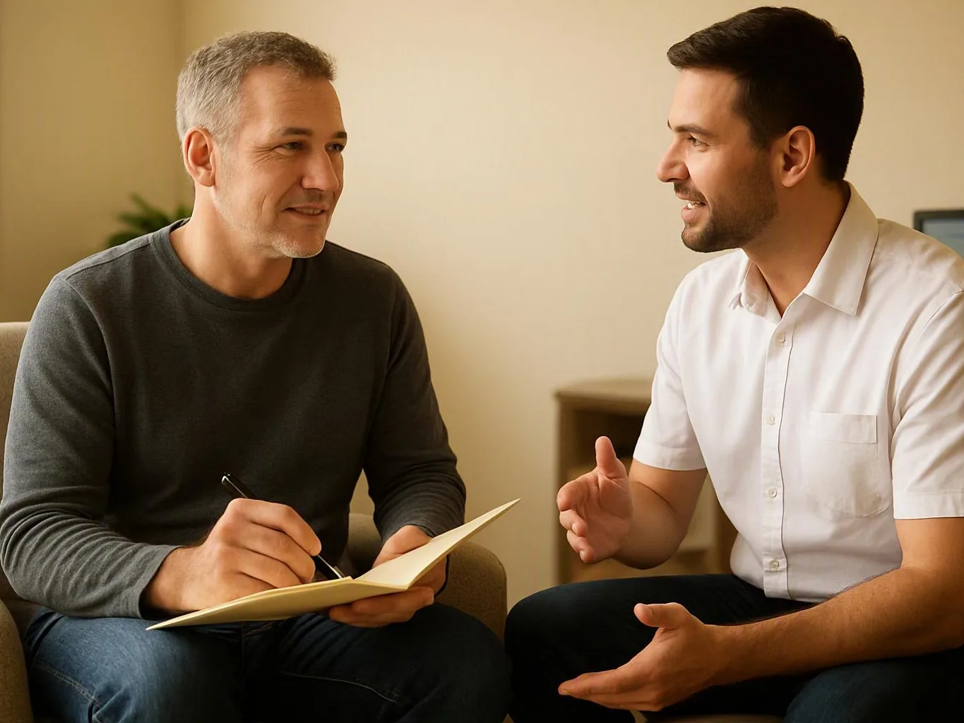 Two men sit indoors talking, one writes in a notebook while the other gestures with his hands