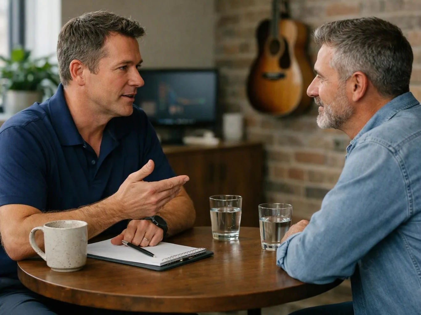Two men sit at a round table, talking over coffee in a cozy room with a guitar on the brick wall