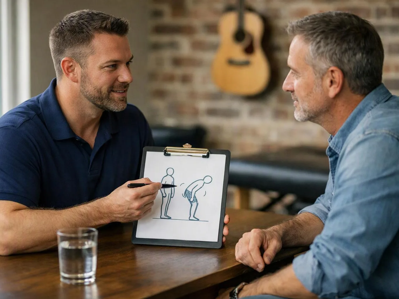 Two men sit at a table, one pointing at a clipboard with simple posture drawings in a cozy room