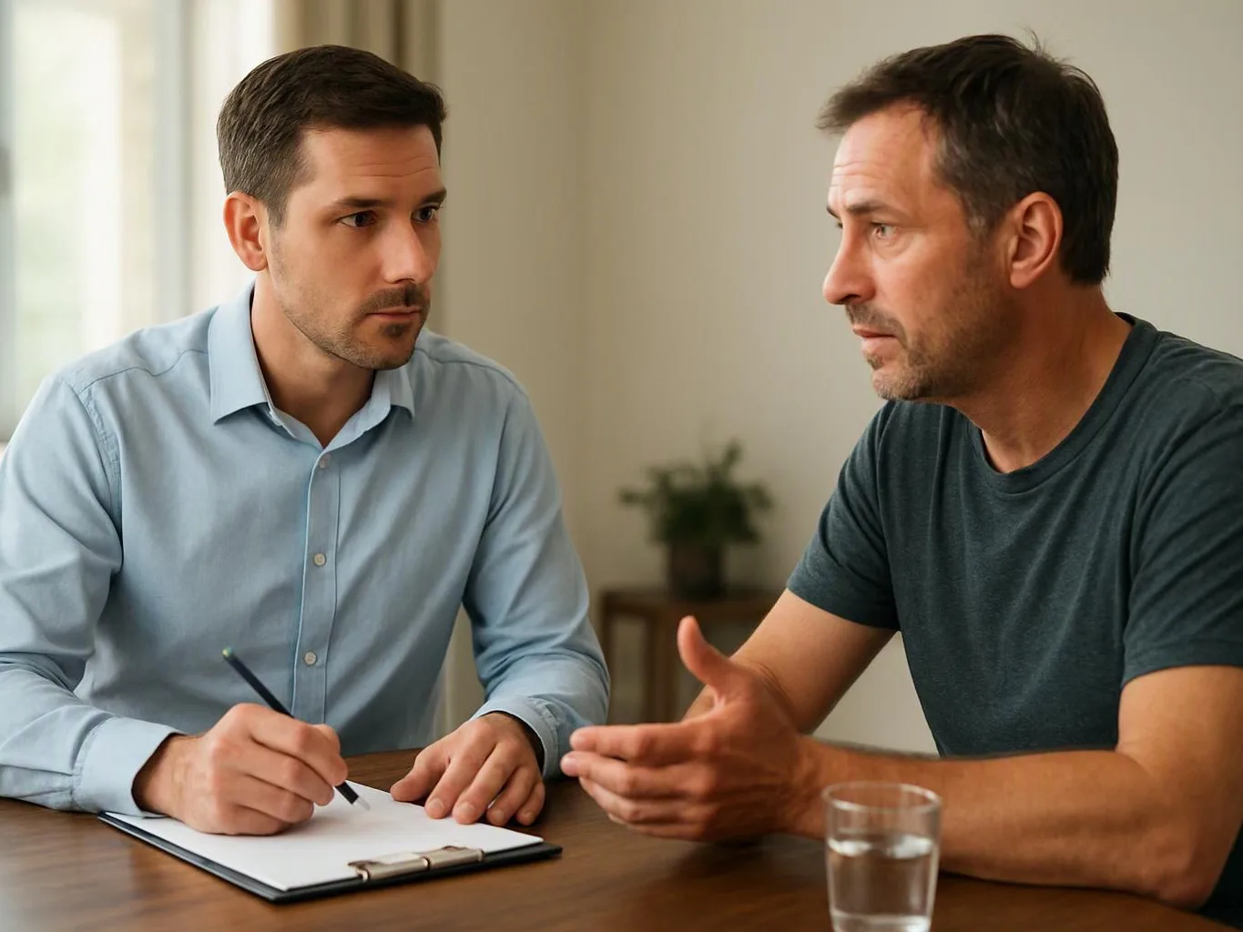 Two men sit at a table, one writing on a notepad while the other speaks in a bright room