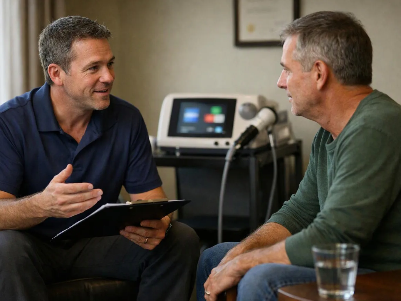 Two men sit and talk in a clinic room, one holding a clipboard beside medical equipment