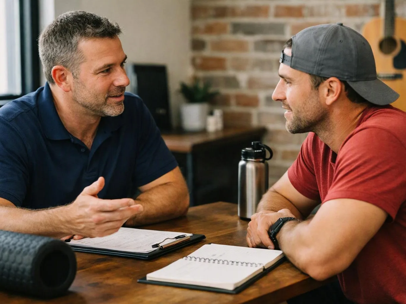Two men sit at a wooden table, talking over notebooks in a cozy room with a brick wall