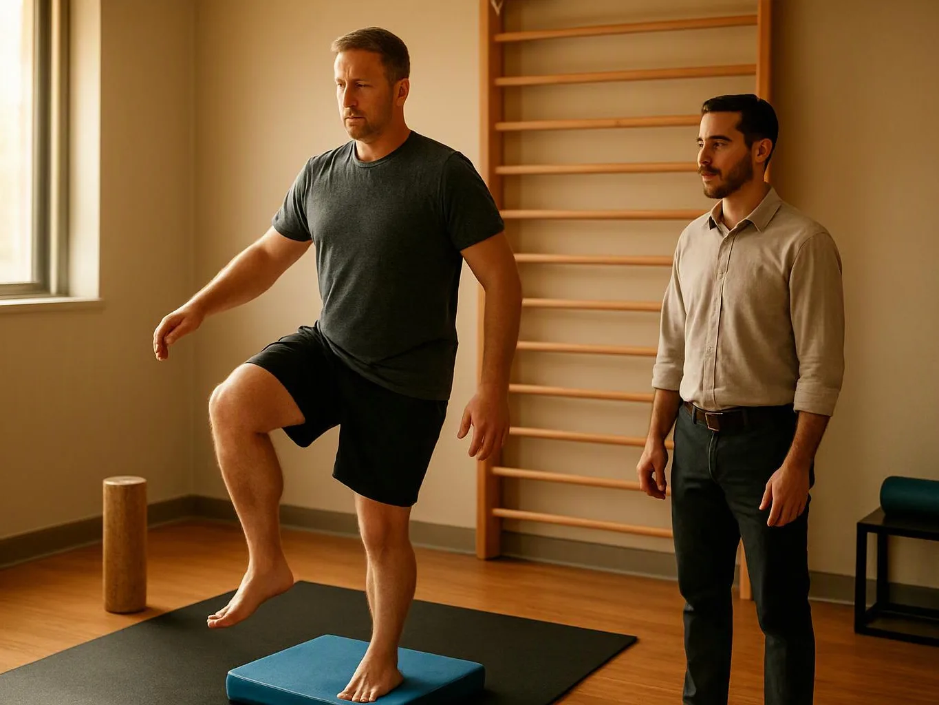 Two men stand in a gym, one balancing on a blue foam block while the other watches nearby