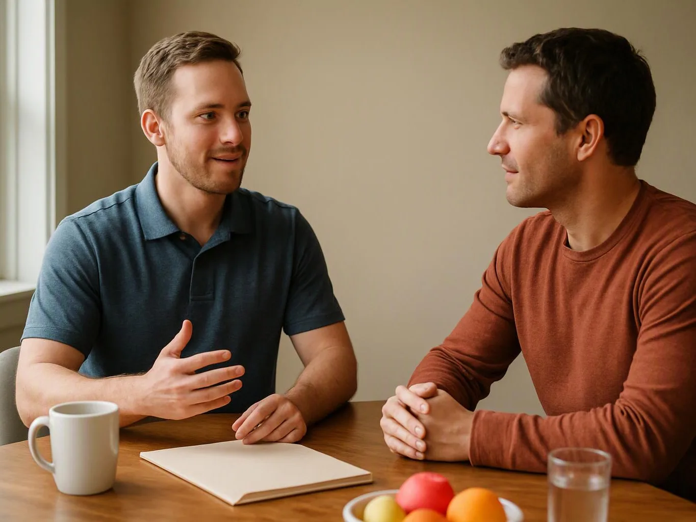Two men talk across a wooden table with a mug, a notebook, a glass of water, and a bowl of fruit