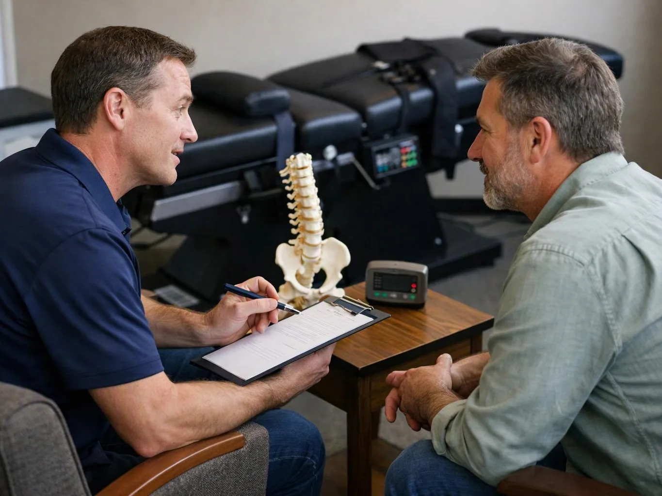 Two men talk in a clinic, with one holding a clipboard beside a spine model and treatment table