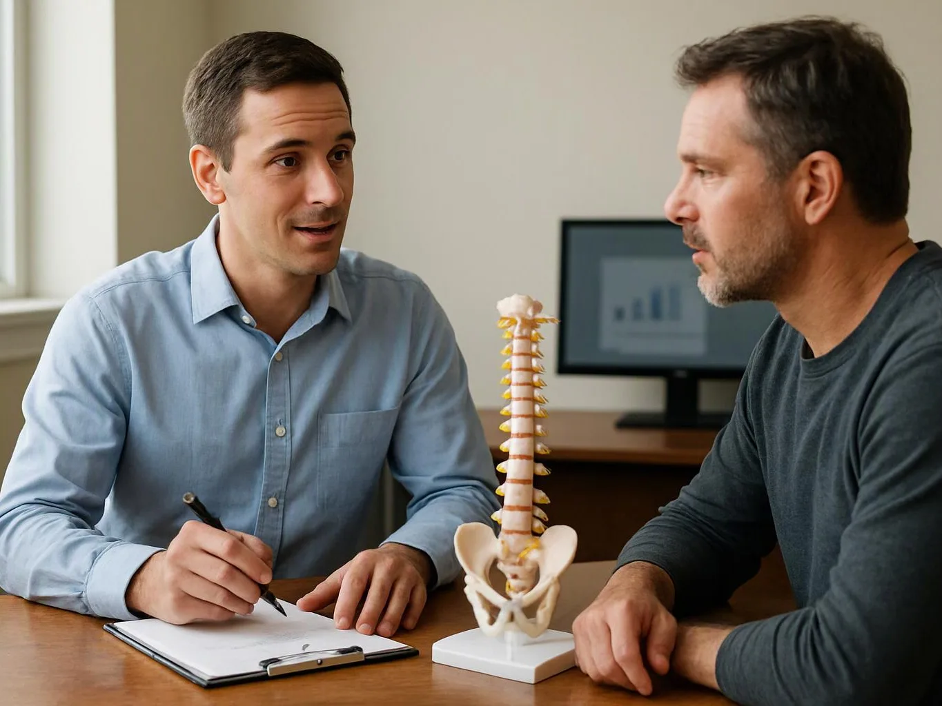 Two men talk at a desk beside a small spine model, with one taking notes in a bright office