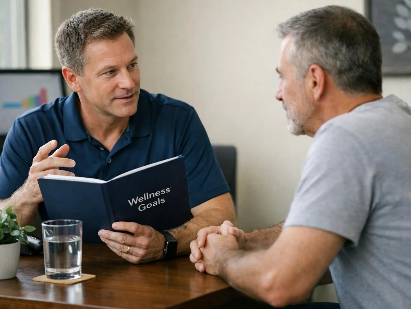 Two men talk at a table, one holding a booklet titled "Wellness Goals" in a bright room