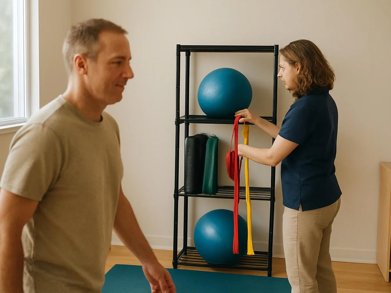 Two people stand in a bright room, one arranging exercise bands on a shelf beside blue stability balls and mats