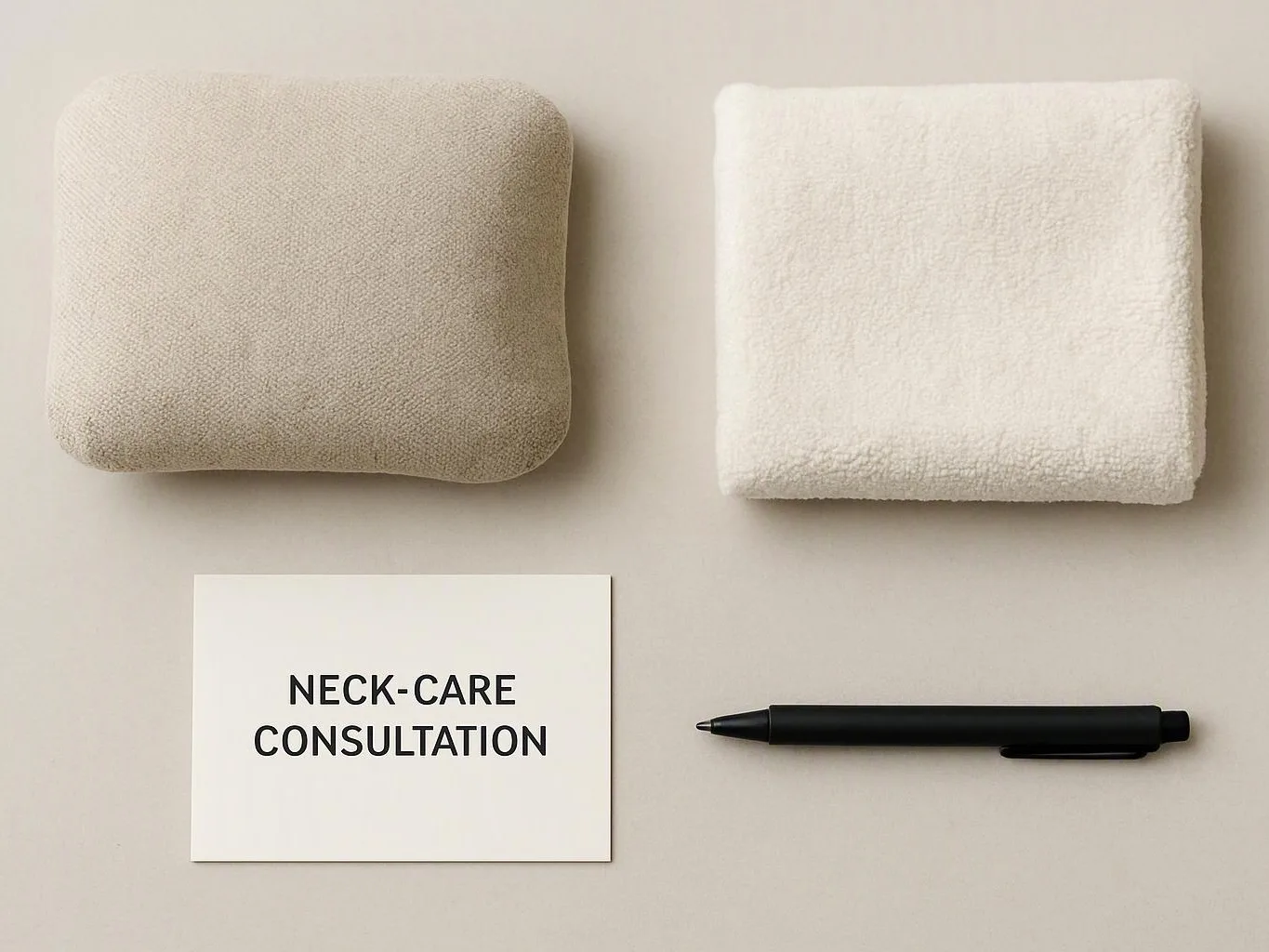 Two textured cushions sit above a card reading “NECK-CARE CONSULTATION,” with a black pen on a beige surface