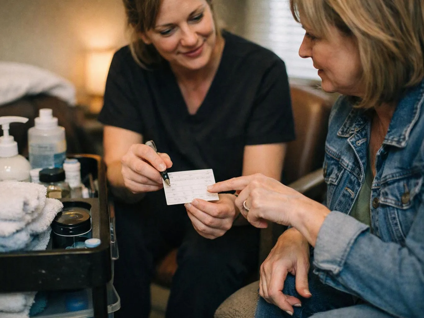 Two women sit beside a tray of toiletries, studying a small card and pointing at it