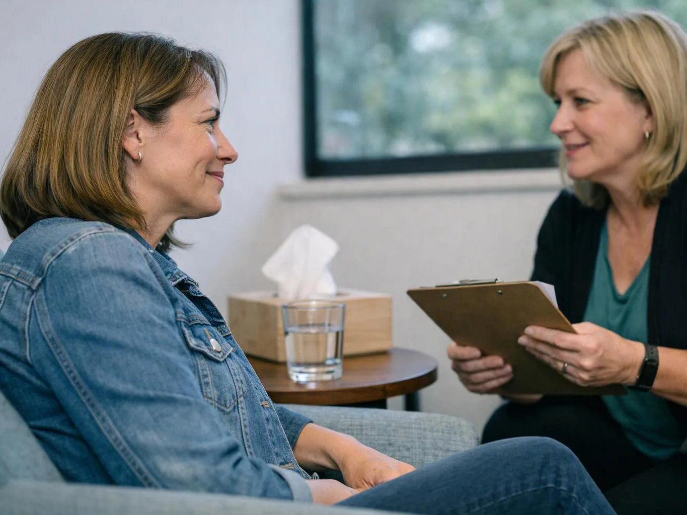 Two women sit facing each other in a bright room, one holding a clipboard during a conversation
