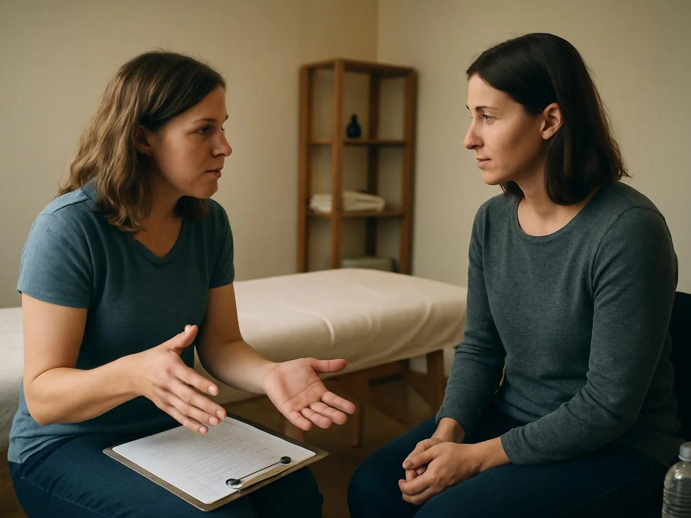 Two women sit facing each other in a quiet therapy room, one gesturing with a clipboard on her lap