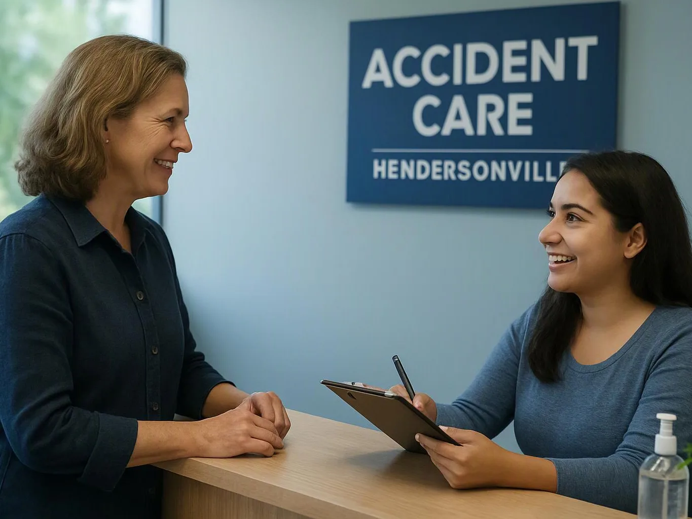 Two women smile across a reception desk, with a blue sign reading “ACCIDENT CARE” behind them